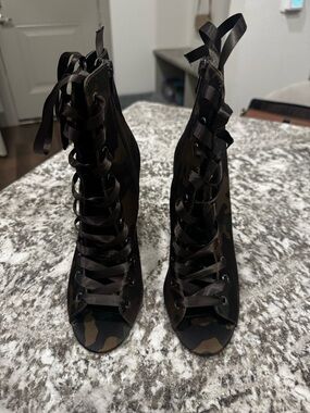Aldo Camouflage Lace-Up Peep-Toe Heels - Black & Brown